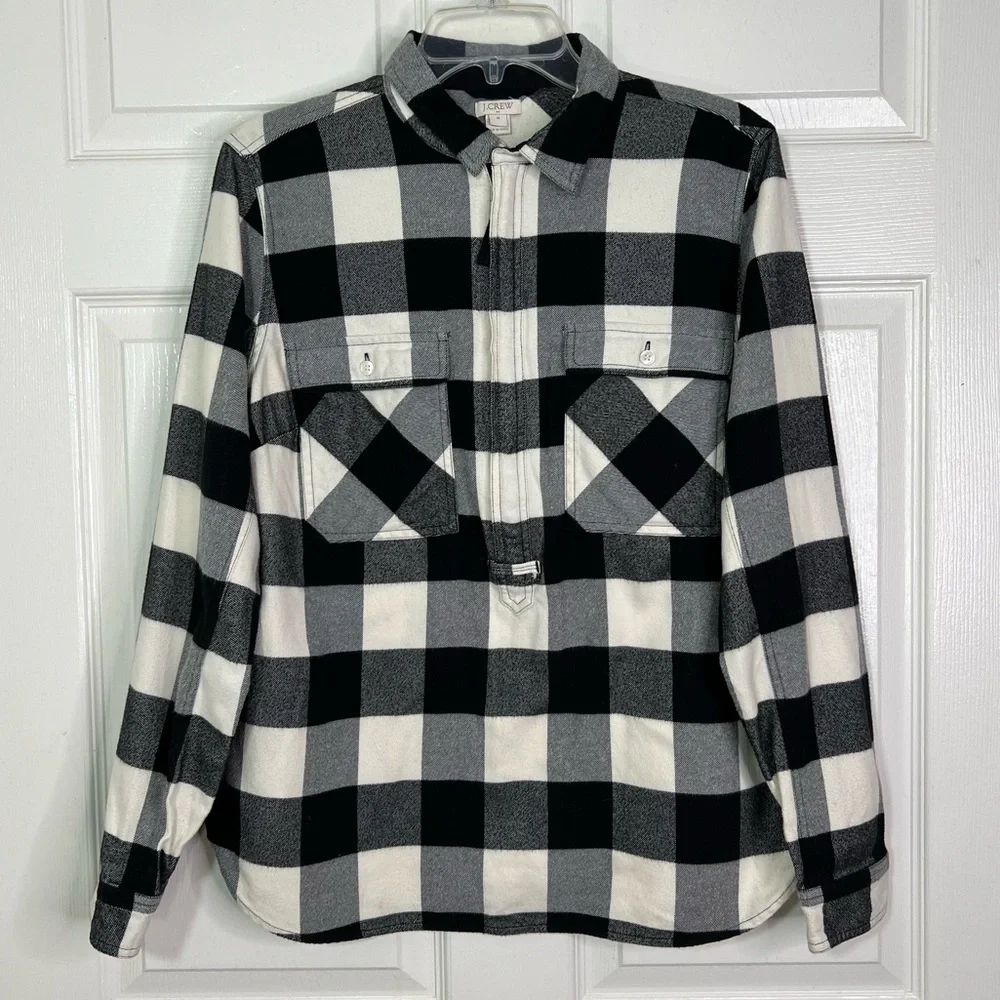 J. Crew Buffalo Plaid Flannel 1/2 Zip Shirt Jacket Black & Ivory Size M - Picture 2 of 12